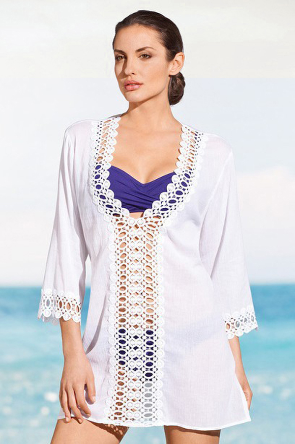 F4385-4White Long Sleeves Deep V-neck Crochet Trim Casual Cover-up
